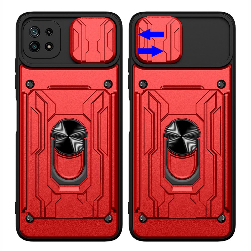 Stativ Hård PC Blød TPU Stødsikkert Telefoncover med Kortlomme og Skydbart Kameralåg til Samsung Galaxy A22 5G (EU Version)