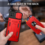 Stativ Hård PC Blød TPU Stødsikkert Telefoncover med Kortlomme og Skydbart Kameralåg til Samsung Galaxy A22 5G (EU Version)