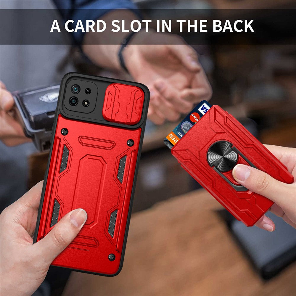 Stativ Hård PC Blød TPU Stødsikkert Telefoncover med Kortlomme og Skydbart Kameralåg til Samsung Galaxy A22 5G (EU Version)