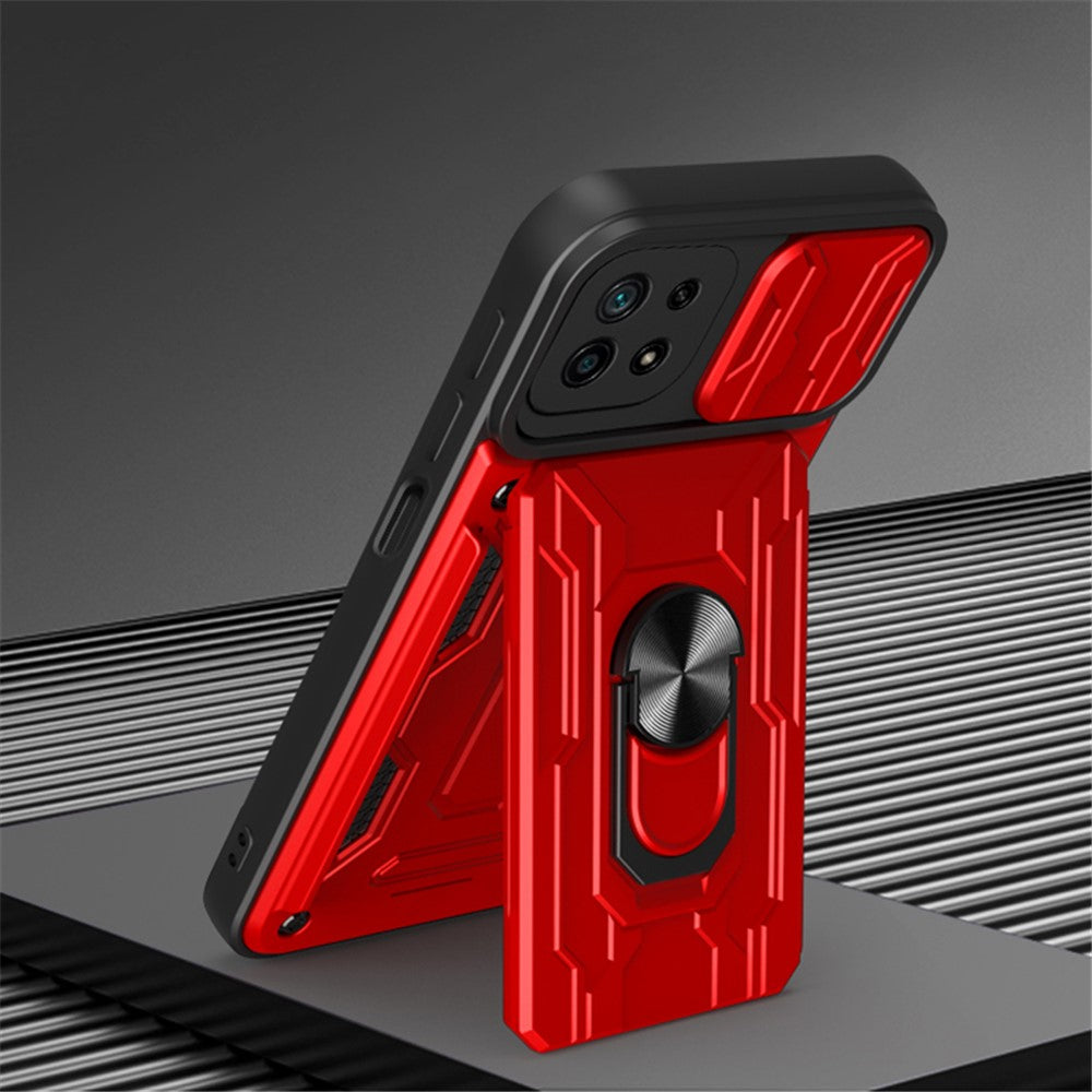 Stativ Hård PC Blød TPU Stødsikkert Telefoncover med Kortlomme og Skydbart Kameralåg til Samsung Galaxy A22 5G (EU Version)