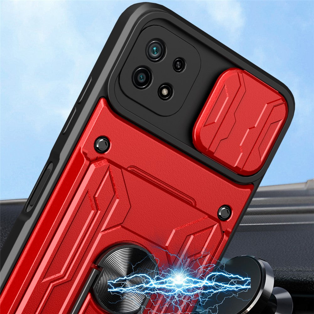 Stativ Hård PC Blød TPU Stødsikkert Telefoncover med Kortlomme og Skydbart Kameralåg til Samsung Galaxy A22 5G (EU Version)