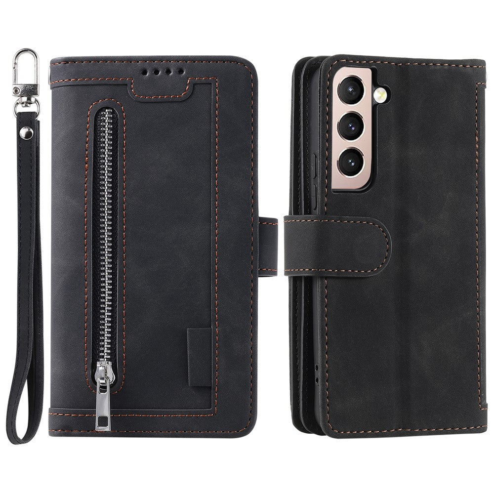 Shockproof Mobile Phone Wallet Phone Case Zipper Pocket Stand Phone Cover with Carrying Strap for Samsung Galaxy S22 5G