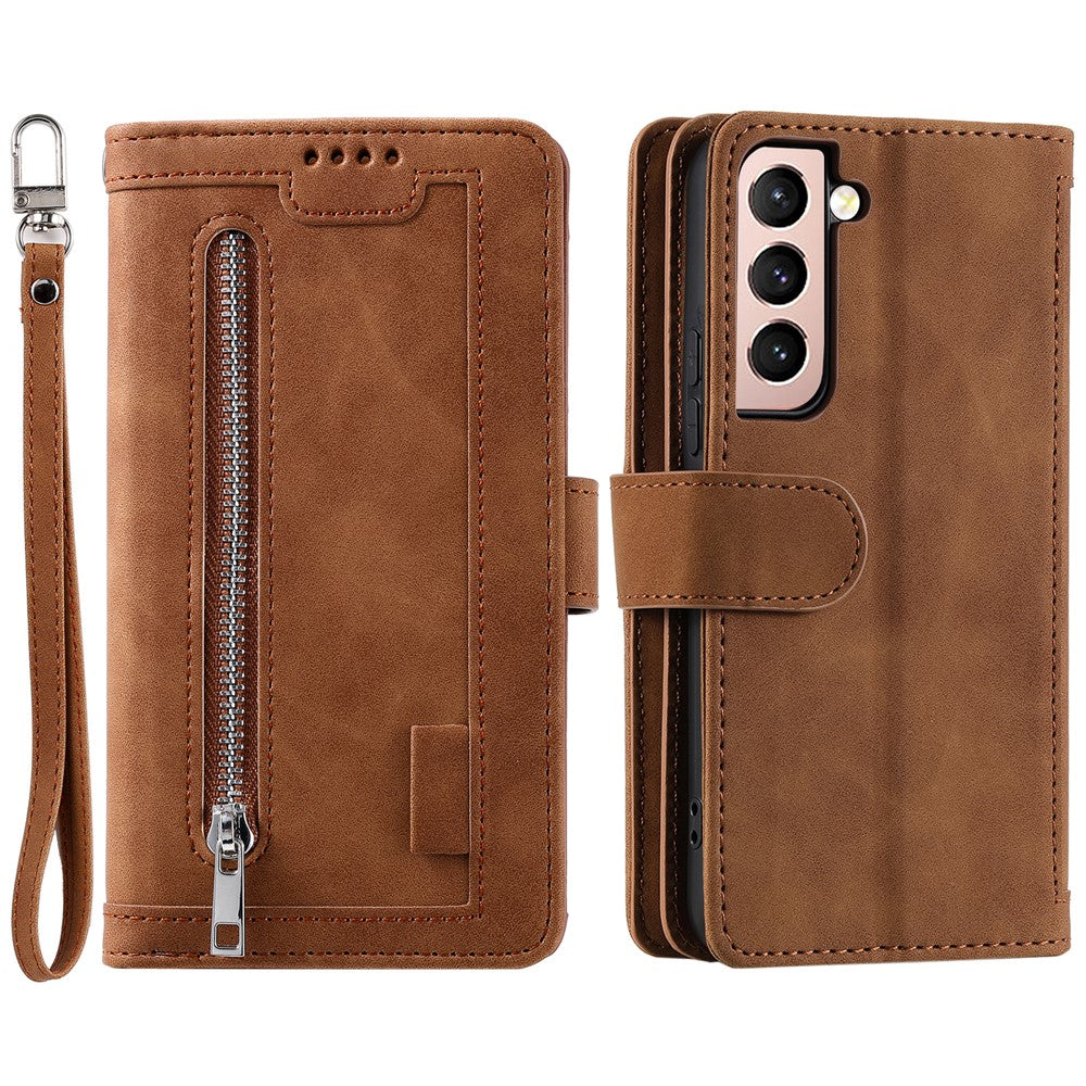 Shockproof Mobile Phone Wallet Phone Case Zipper Pocket Stand Phone Cover with Carrying Strap for Samsung Galaxy S22 5G
