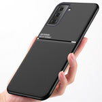 Indbygget Metalplade Drop-resistent Cover Prægning PU Læder + TPU Telefoncover til Samsung Galaxy S21 5G
