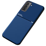 Indbygget Metalplade Drop-resistent Cover Prægning PU Læder + TPU Telefoncover til Samsung Galaxy S21 5G
