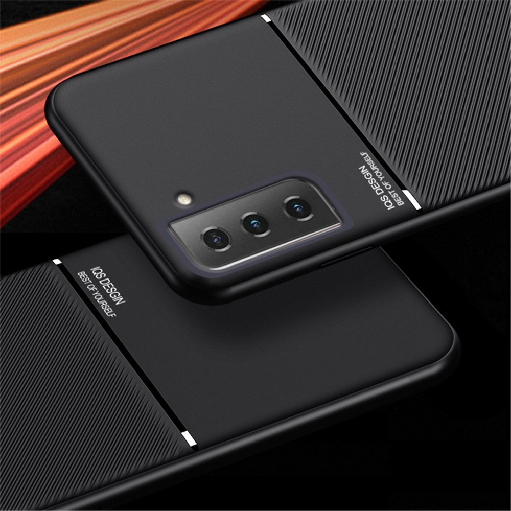 Indbygget Metalplade Drop-resistent Cover Prægning PU Læder + TPU Telefoncover til Samsung Galaxy S21 5G