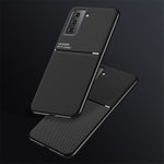 Indbygget Metalplade Drop-resistent Cover Prægning PU Læder + TPU Telefoncover til Samsung Galaxy S21 5G