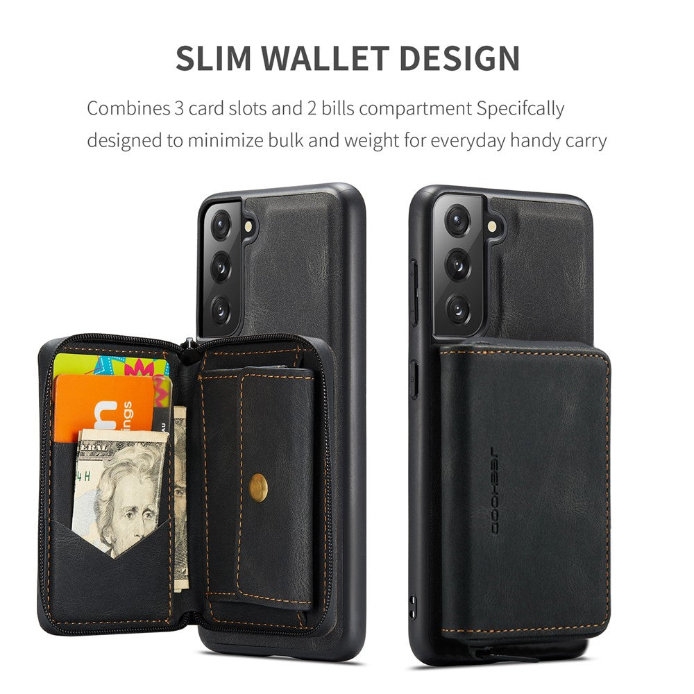 JEEHOOD Detachable 2-in-1 Magnetic Zipper Wallet Leather Coated TPU Phone Case for Samsung Galaxy S22+ 5G