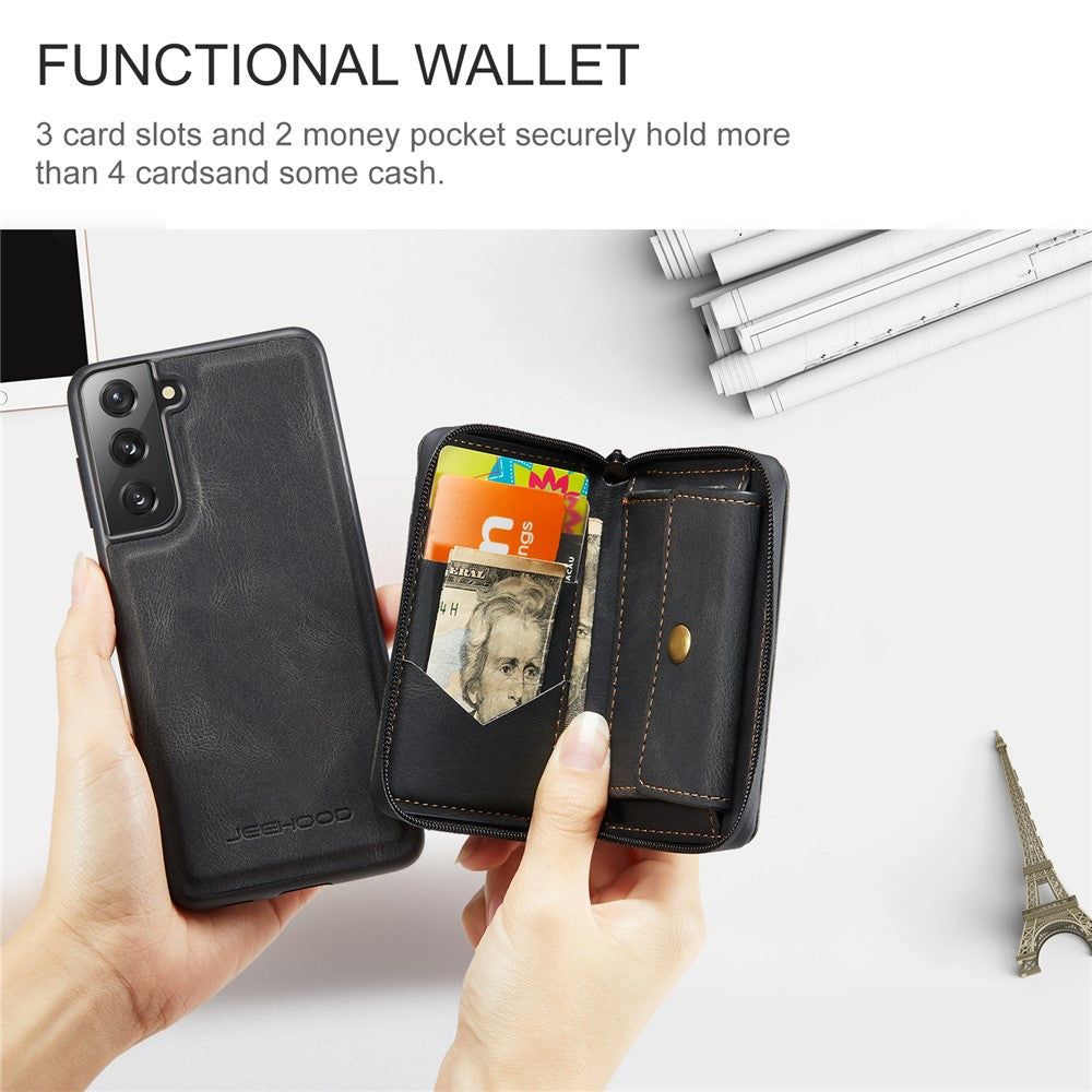 JEEHOOD Detachable 2-in-1 Magnetic Zipper Wallet Leather Coated TPU Phone Case for Samsung Galaxy S22+ 5G