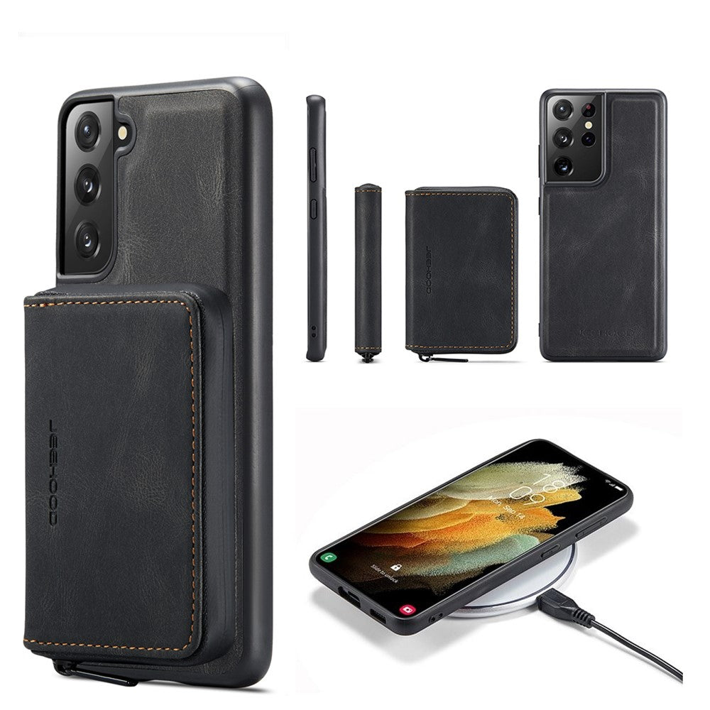 JEEHOOD Detachable 2-in-1 Magnetic Zipper Wallet Leather Coated TPU Phone Case for Samsung Galaxy S22+ 5G