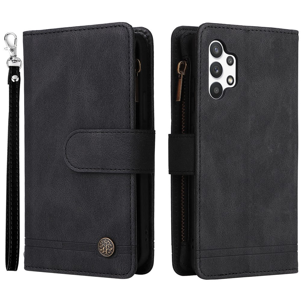 Stripes Imprinted Skin-touch Wallet Stand Leather Cover with Tree Pattern Hardware Card Slots Zipper Pocket Phone Case for Samsung Galaxy A32 4G (EU Version)