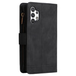 Stripes Imprinted Skin-touch Wallet Stand Leather Cover with Tree Pattern Hardware Card Slots Zipper Pocket Phone Case for Samsung Galaxy A32 4G (EU Version)