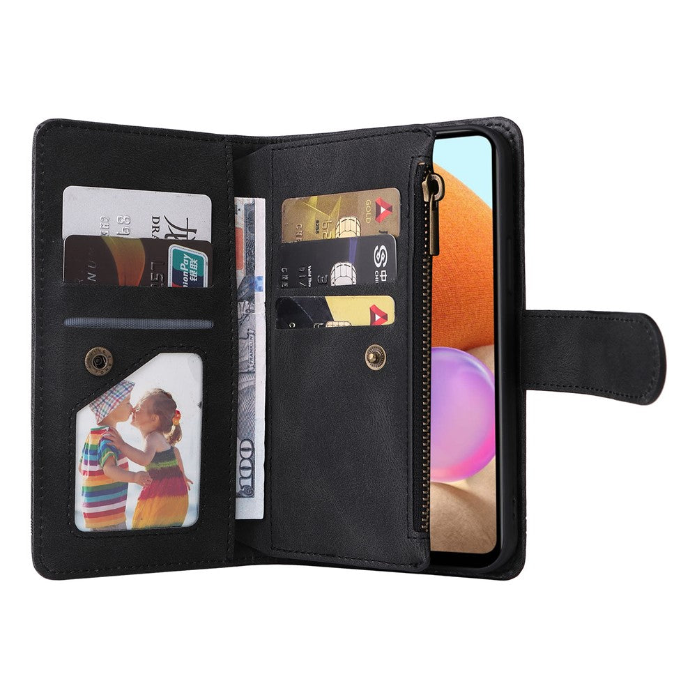 Stripes Imprinted Skin-touch Wallet Stand Leather Cover with Tree Pattern Hardware Card Slots Zipper Pocket Phone Case for Samsung Galaxy A32 4G (EU Version)
