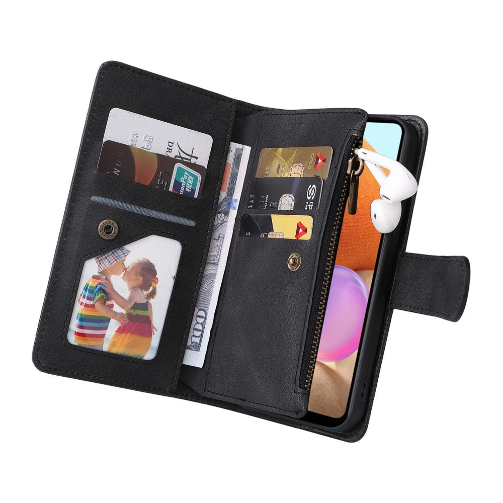 Stripes Imprinted Skin-touch Wallet Stand Leather Cover with Tree Pattern Hardware Card Slots Zipper Pocket Phone Case for Samsung Galaxy A32 4G (EU Version)