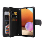 Stripes Imprinted Skin-touch Wallet Stand Leather Cover with Tree Pattern Hardware Card Slots Zipper Pocket Phone Case for Samsung Galaxy A32 4G (EU Version)