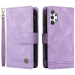 Stripes Imprinted Skin-touch Wallet Stand Leather Cover with Tree Pattern Hardware Card Slots Zipper Pocket Phone Case for Samsung Galaxy A32 4G (EU Version)