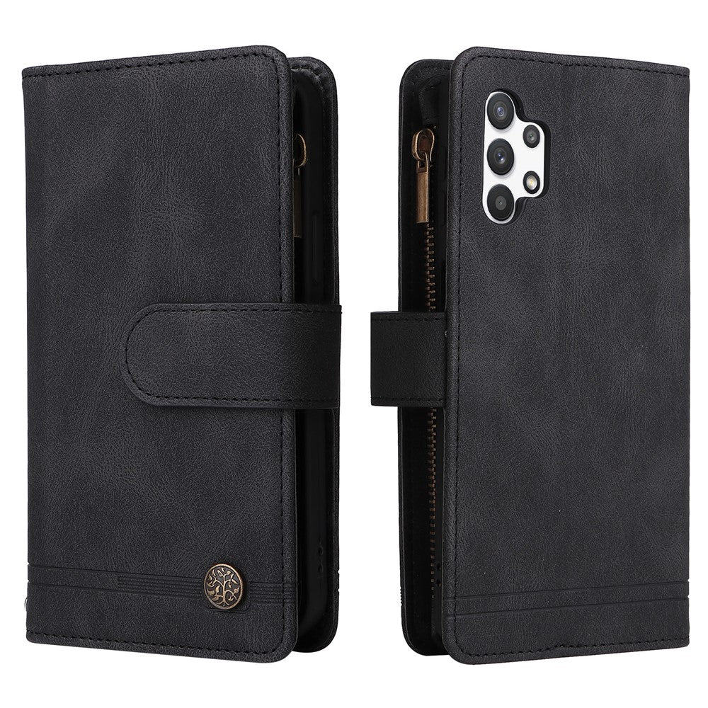 Stripes Imprinted Solid Color Skin-touch Wallet Stand Leather Cover Card Slots Phone Case with Zipper Pocket for Samsung Galaxy A32 5G/M32 5G