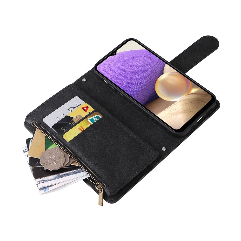 Stripes Imprinted Solid Color Skin-touch Wallet Stand Leather Cover Card Slots Phone Case with Zipper Pocket for Samsung Galaxy A32 5G/M32 5G