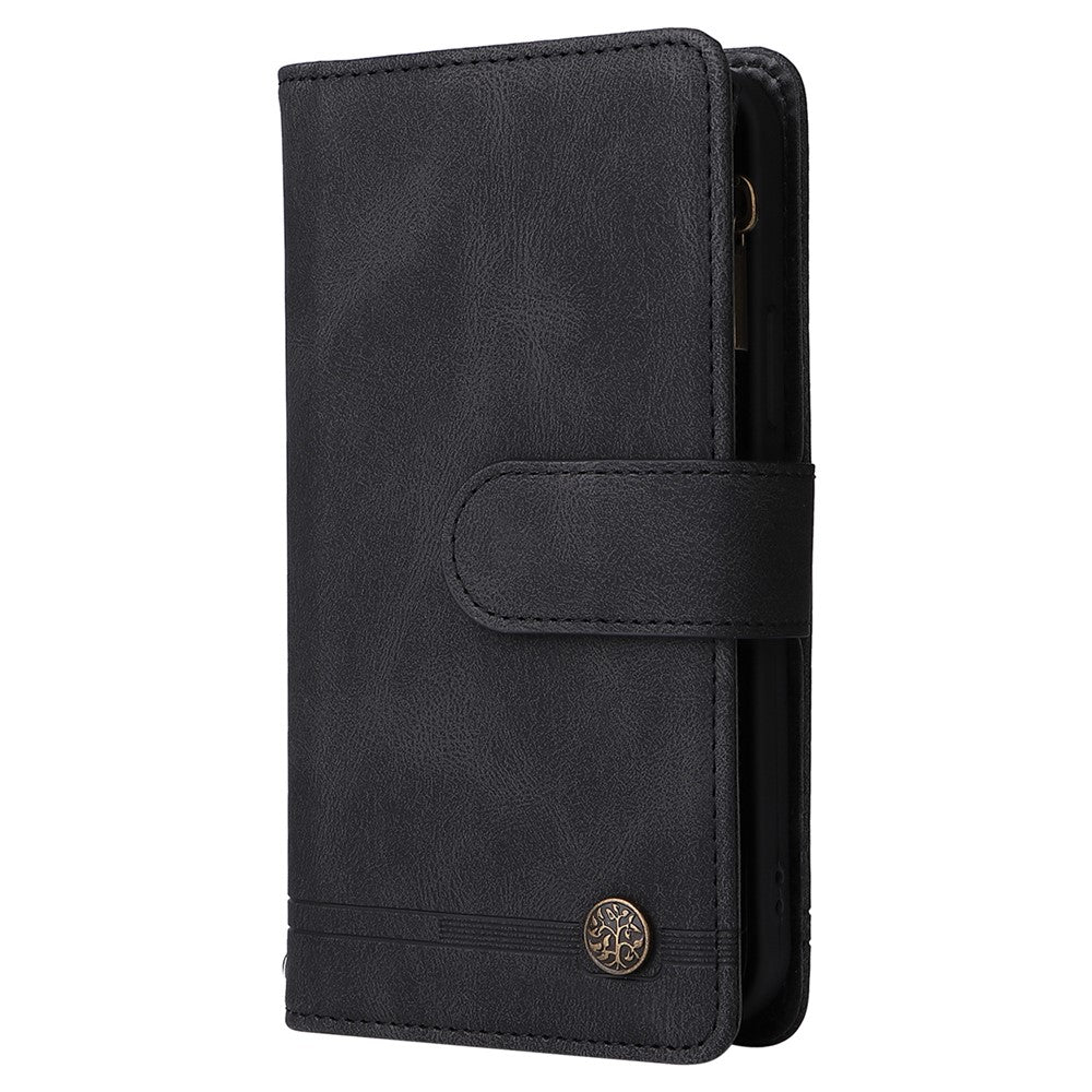 Stripes Imprinted Solid Color Skin-touch Wallet Stand Leather Cover Card Slots Phone Case with Zipper Pocket for Samsung Galaxy A32 5G/M32 5G