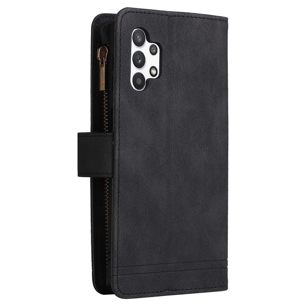 Stripes Imprinted Solid Color Skin-touch Wallet Stand Leather Cover Card Slots Phone Case with Zipper Pocket for Samsung Galaxy A32 5G/M32 5G