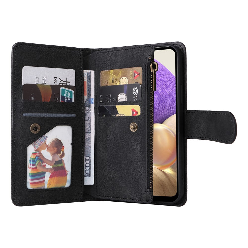 Stripes Imprinted Solid Color Skin-touch Wallet Stand Leather Cover Card Slots Phone Case with Zipper Pocket for Samsung Galaxy A32 5G/M32 5G