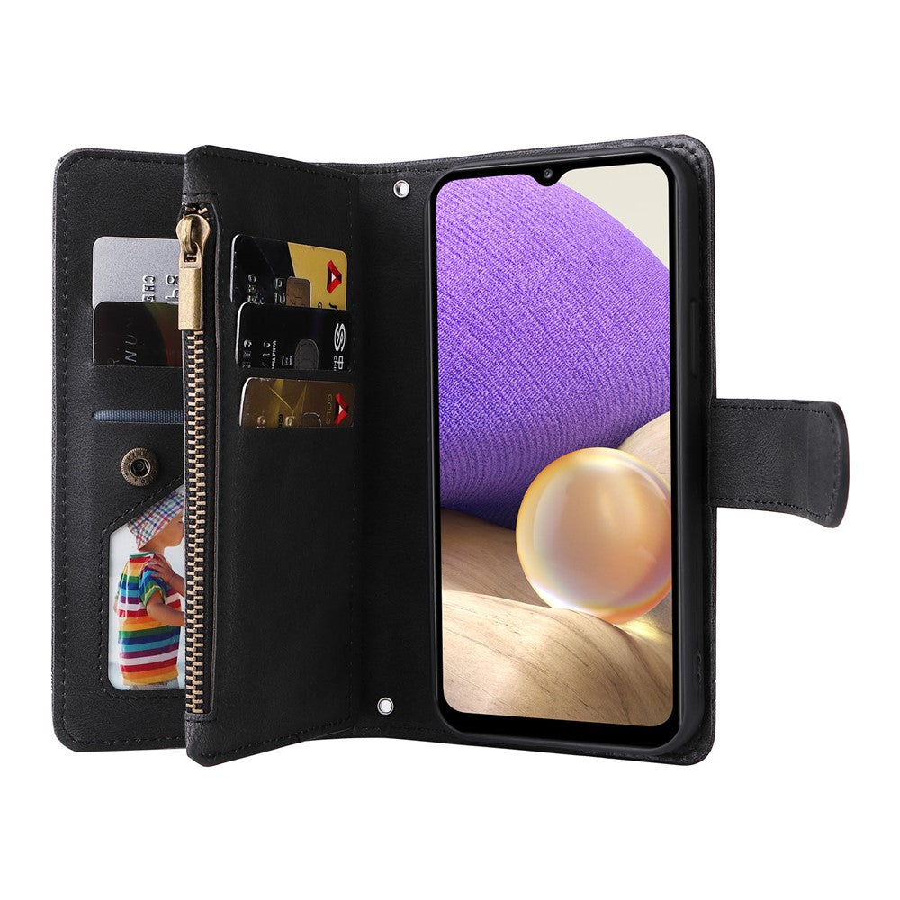 Stripes Imprinted Solid Color Skin-touch Wallet Stand Leather Cover Card Slots Phone Case with Zipper Pocket for Samsung Galaxy A32 5G/M32 5G