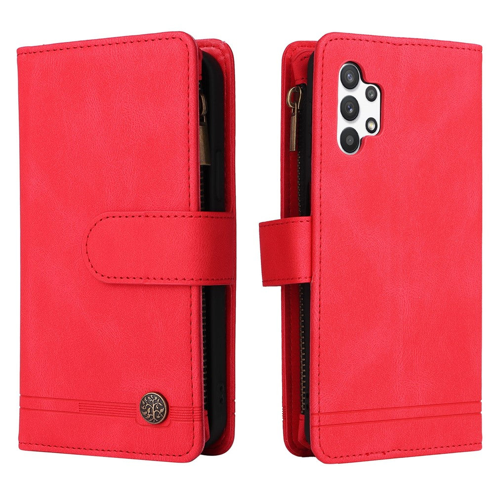 Stripes Imprinted Solid Color Skin-touch Wallet Stand Leather Cover Card Slots Phone Case with Zipper Pocket for Samsung Galaxy A32 5G/M32 5G