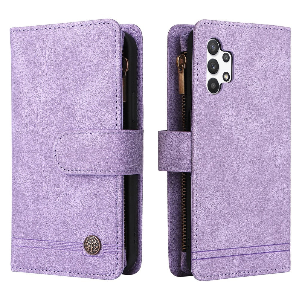 Stripes Imprinted Solid Color Skin-touch Wallet Stand Leather Cover Card Slots Phone Case with Zipper Pocket for Samsung Galaxy A32 5G/M32 5G