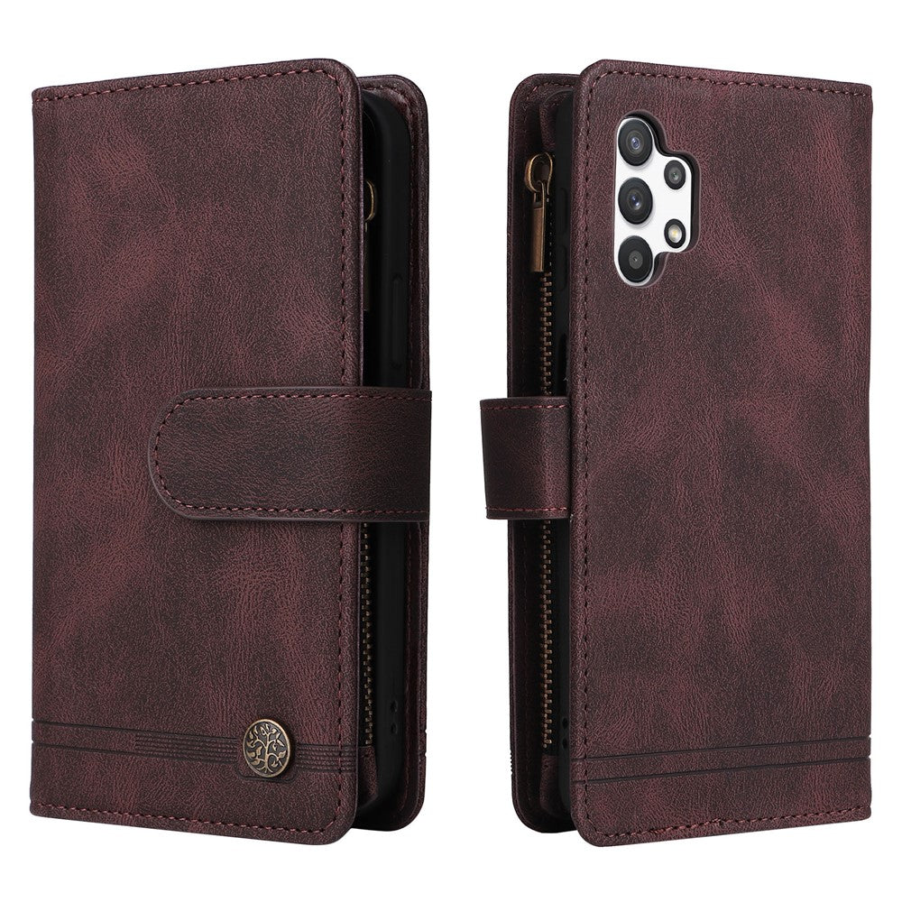 Stripes Imprinted Solid Color Skin-touch Wallet Stand Leather Cover Card Slots Phone Case with Zipper Pocket for Samsung Galaxy A32 5G/M32 5G