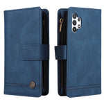 Stripes Imprinted Solid Color Skin-touch Wallet Stand Leather Cover Card Slots Phone Case with Zipper Pocket for Samsung Galaxy A32 5G/M32 5G