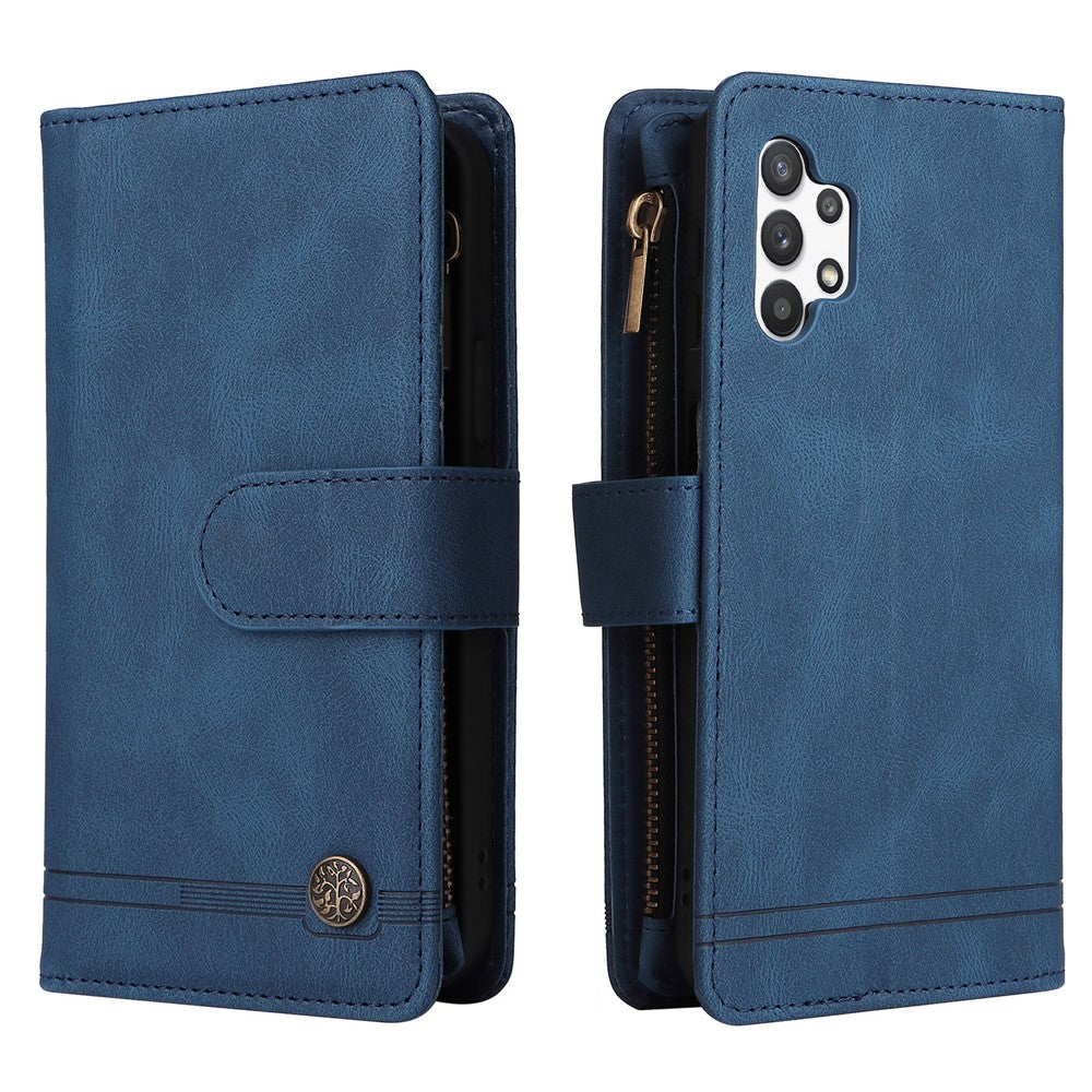 Stripes Imprinted Solid Color Skin-touch Wallet Stand Leather Cover Card Slots Phone Case with Zipper Pocket for Samsung Galaxy A32 5G/M32 5G