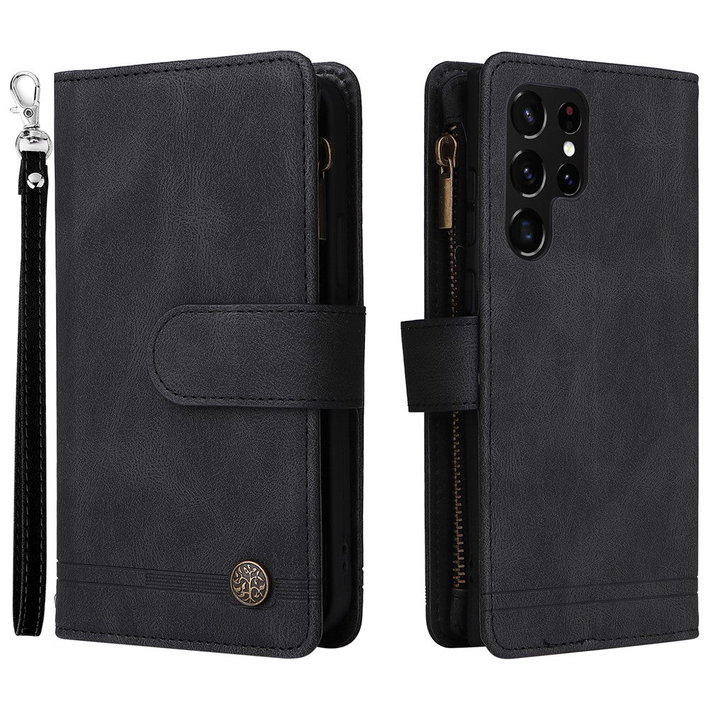 Imprinting Stripes PU Leather Shockproof Phone Cover Zipper Pocket Multiple Card Slots Protective Case for Samsung Galaxy S22 Ultra 5G
