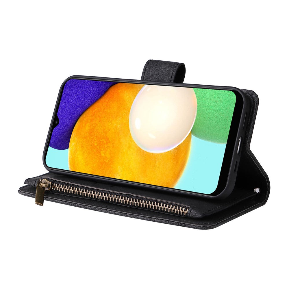 Prægning Striber Lynlåslomme Flere Kortpladser Læder Cover Telefonetui med Stand Wallet til Samsung Galaxy A03s (166.5mm)