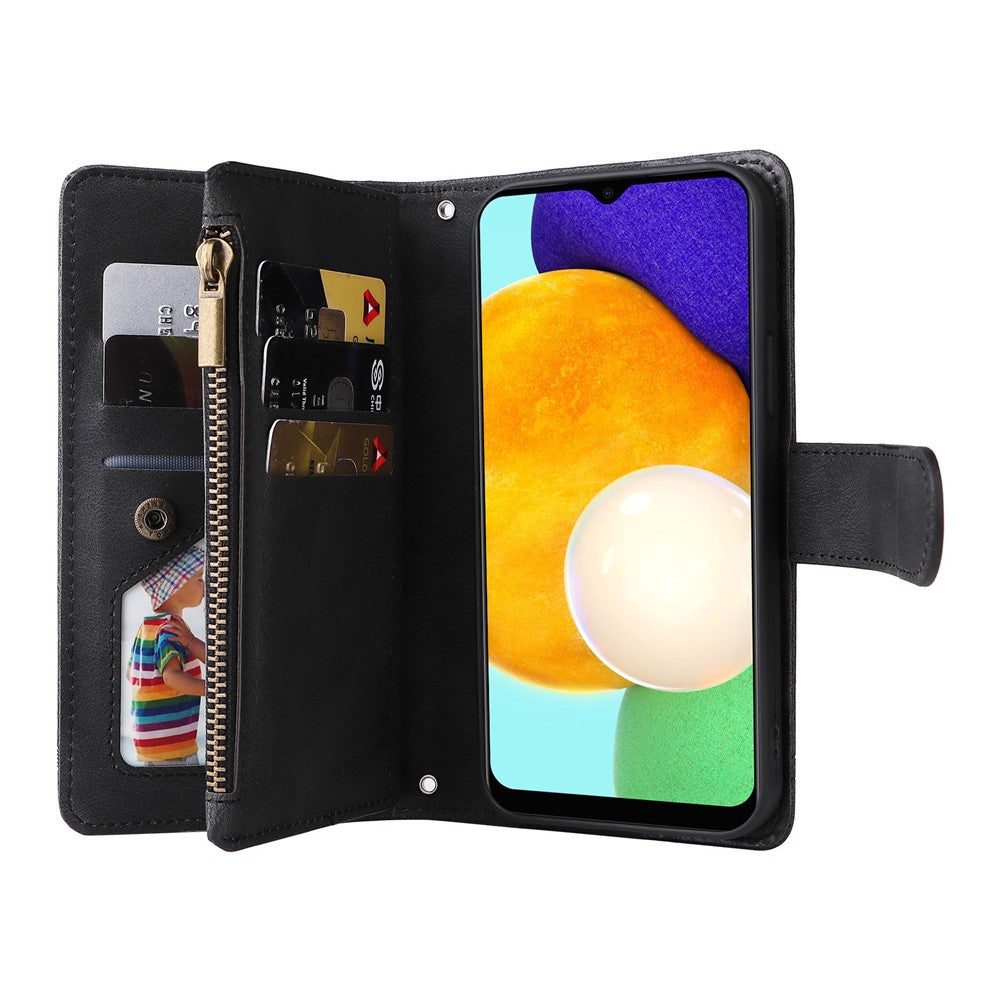 Prægning Striber Lynlåslomme Flere Kortpladser Læder Cover Telefonetui med Stand Wallet til Samsung Galaxy A03s (166.5mm)