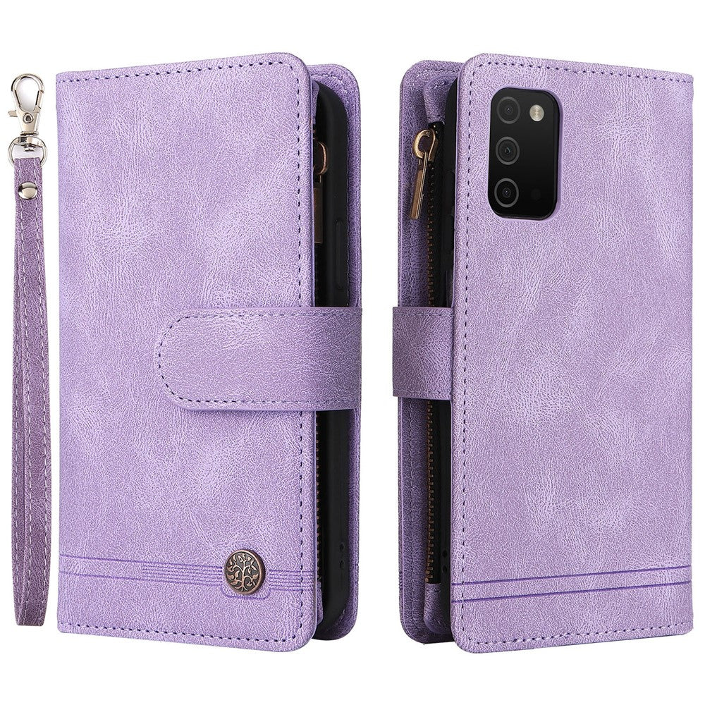 Prægning Striber Lynlåslomme Flere Kortpladser Læder Cover Telefonetui med Stand Wallet til Samsung Galaxy A03s (166.5mm)