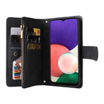 Imprinting Stripes Zipper Pocket Leather Cover Foldable Stand Card Slots Phone Case Shell for Samsung Galaxy A22 5G (EU Version)