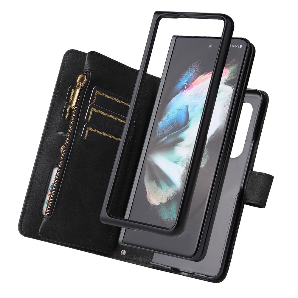 Präglingsränder i PU-läder med dragkedja, ficka med flera kortplatser och stativ för Samsung Galaxy Z Fold3 5G