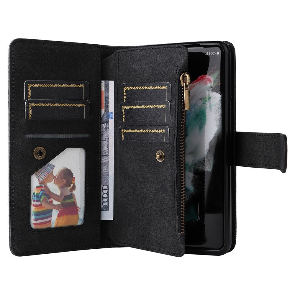 Präglingsränder i PU-läder med dragkedja, ficka med flera kortplatser och stativ för Samsung Galaxy Z Fold3 5G