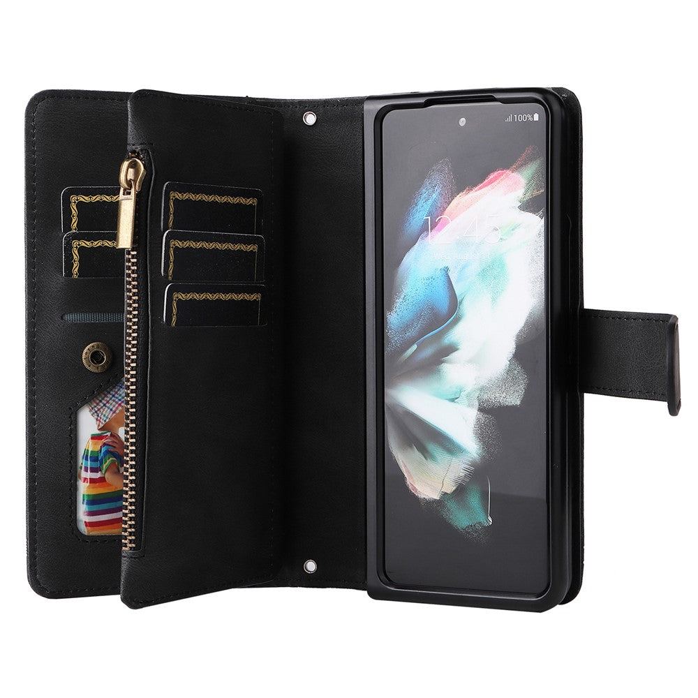 Präglingsränder i PU-läder med dragkedja, ficka med flera kortplatser och stativ för Samsung Galaxy Z Fold3 5G