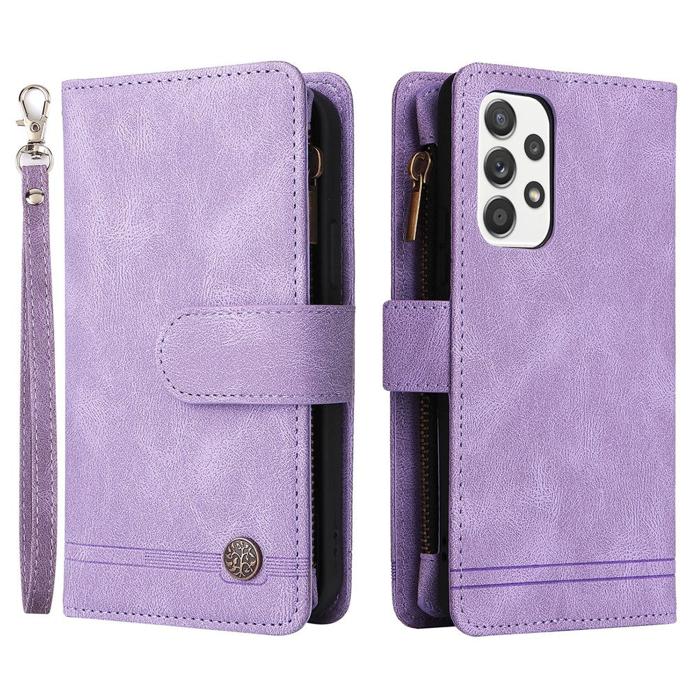Stripes Imprinted Skin-touch PU Leather Flip Folio Stand Protective Cover Zipper Purse Card Slots Cash Pocket with Strap for Samsung Galaxy A53 5G