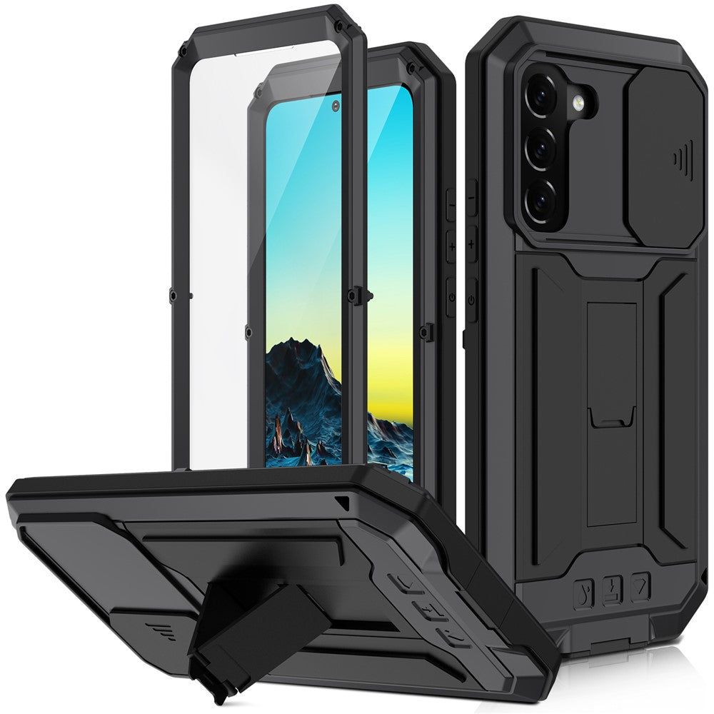 R-JUST 2nd Generation Kickstand Design Sliding Camera Cover Anti-fall Dust-proof Metal+Silicone+PC Case with Built-in Tempered Glass Screen Protector for Samsung Galaxy S22+ 5G