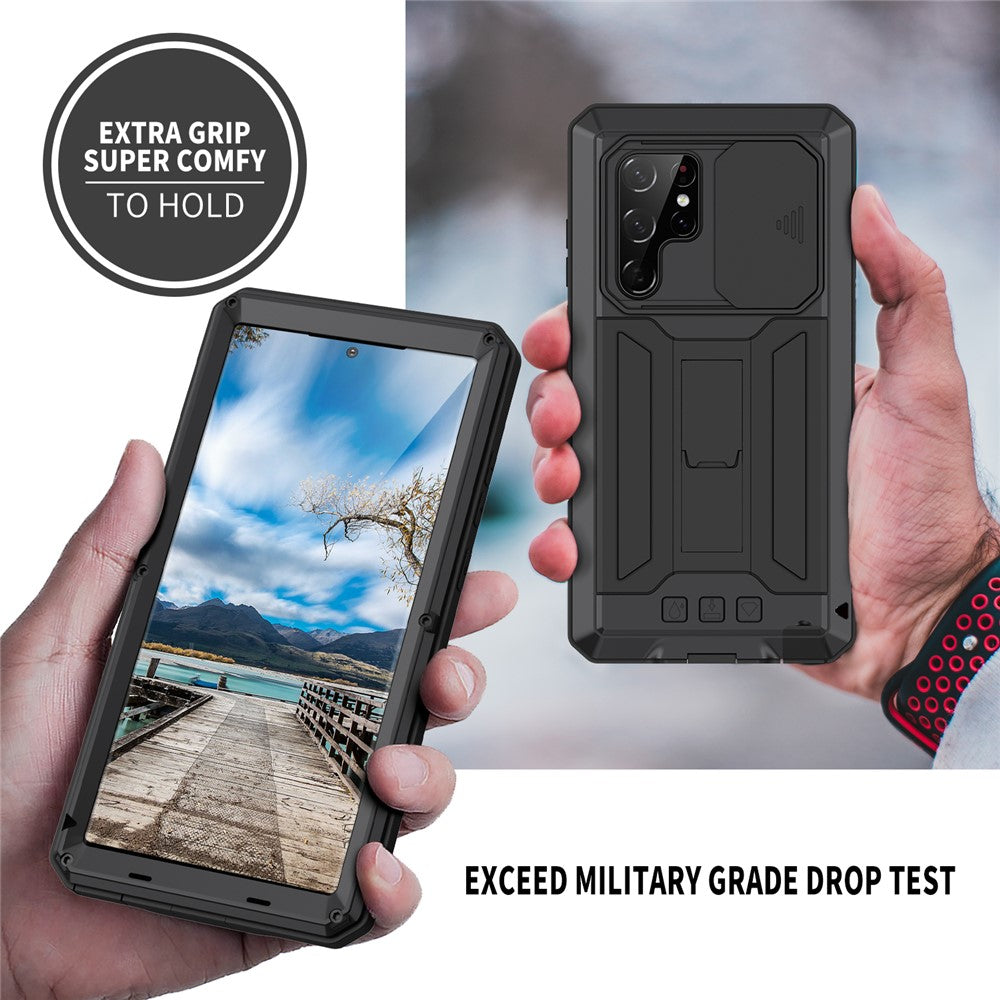 R-JUST 2:a generationen för Samsung Galaxy S22 Ultra 5G mobilskal med glidande kameraskydd, fallskyddande mobilskal, stöd med inbyggt skärmskydd i härdat glas