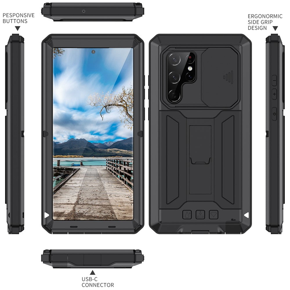 R-JUST 2:a generationen för Samsung Galaxy S22 Ultra 5G mobilskal med glidande kameraskydd, fallskyddande mobilskal, stöd med inbyggt skärmskydd i härdat glas