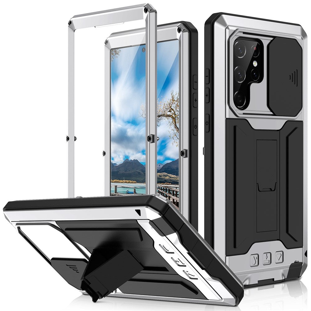 R-JUST 2:a generationen för Samsung Galaxy S22 Ultra 5G mobilskal med glidande kameraskydd, fallskyddande mobilskal, stöd med inbyggt skärmskydd i härdat glas
