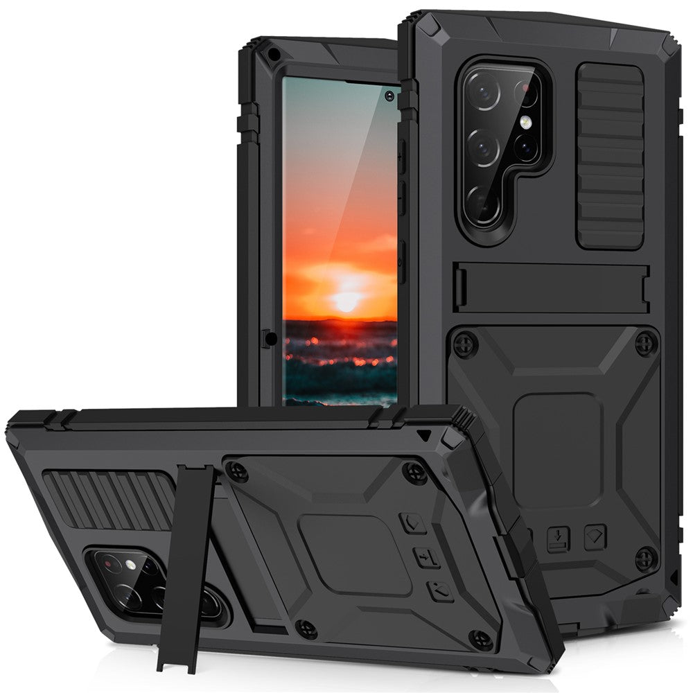 R-JUST Anti-fall Dust-proof Shockproof Metal+Silicone+PC Kickstand Case with Built-in Anti-explosion Tempered Glass Lens Protector and Screen Protector for Samsung Galaxy S22 Ultra 5G