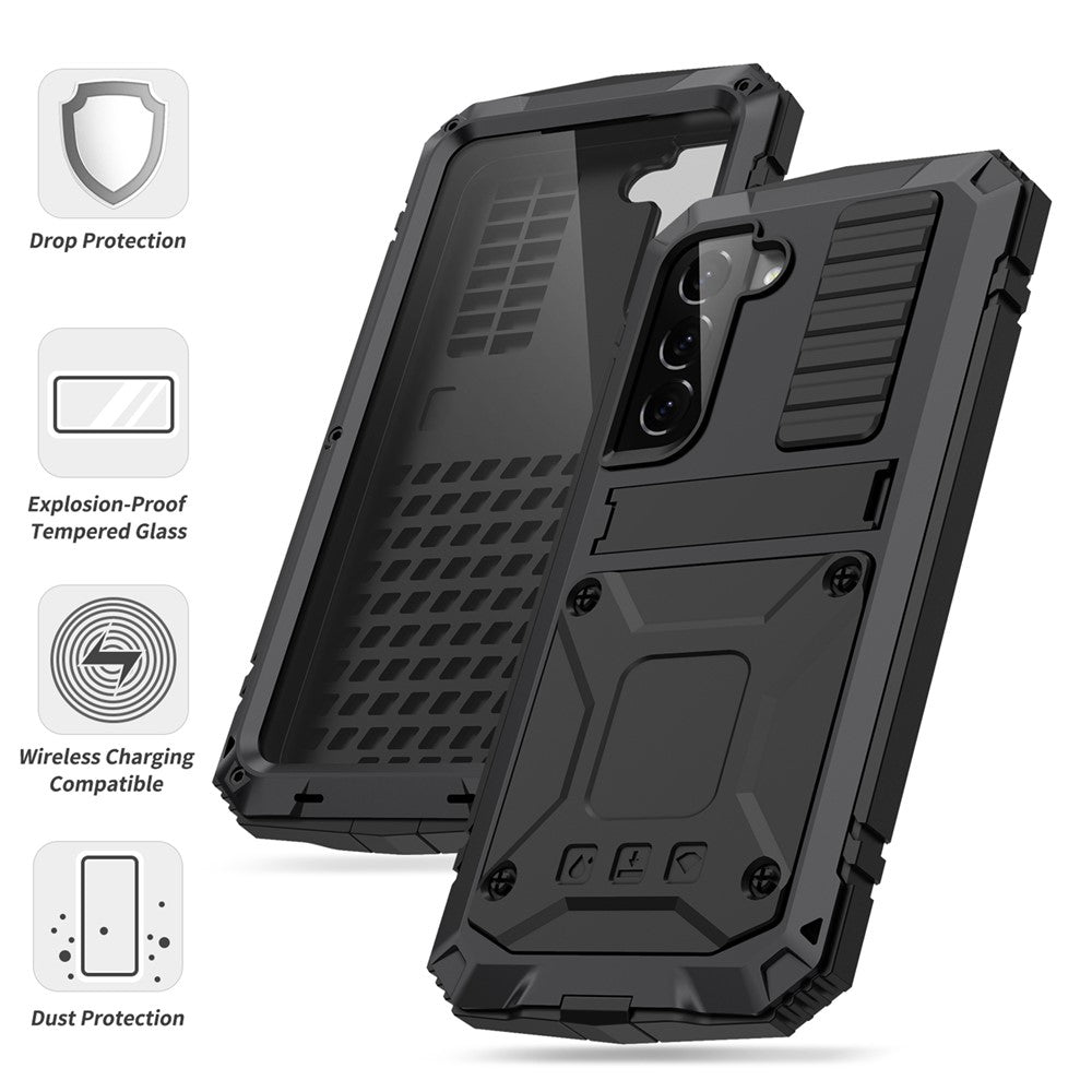 R-JUST for Samsung Galaxy S22+ 5G Waterproof Drop-Proof Case Kickstand Back Cover with Tempered Glass
