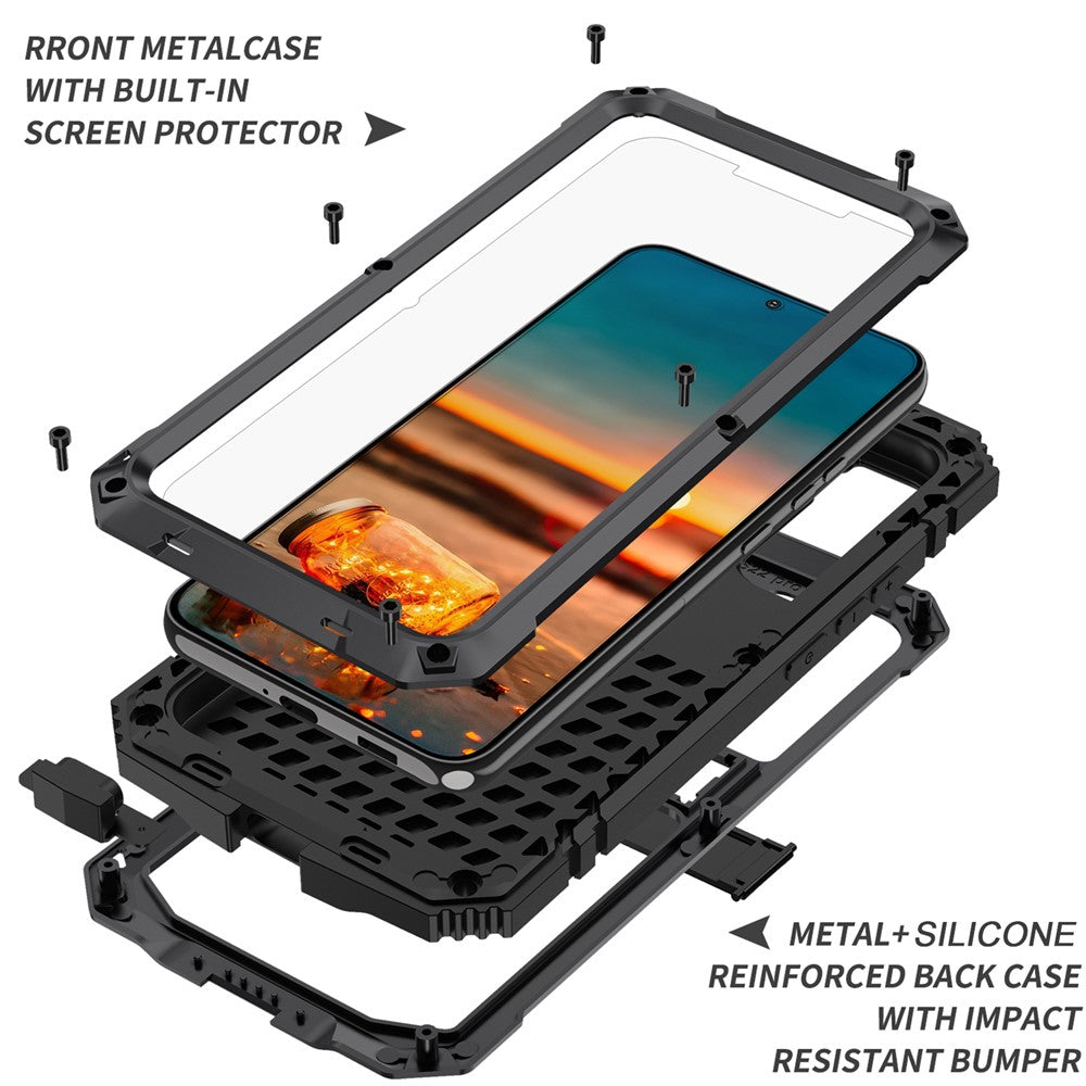R-JUST for Samsung Galaxy S22+ 5G Waterproof Drop-Proof Case Kickstand Back Cover with Tempered Glass