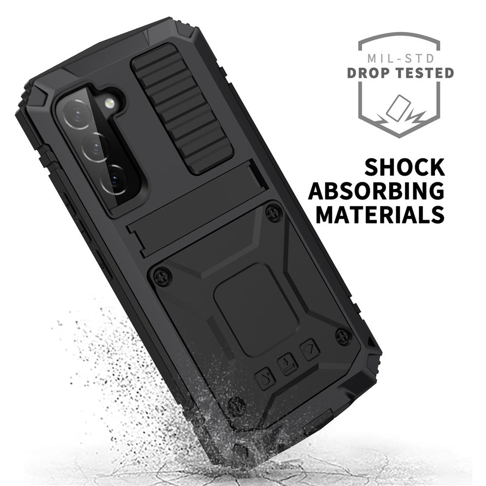 R-JUST for Samsung Galaxy S22+ 5G Waterproof Drop-Proof Case Kickstand Back Cover with Tempered Glass