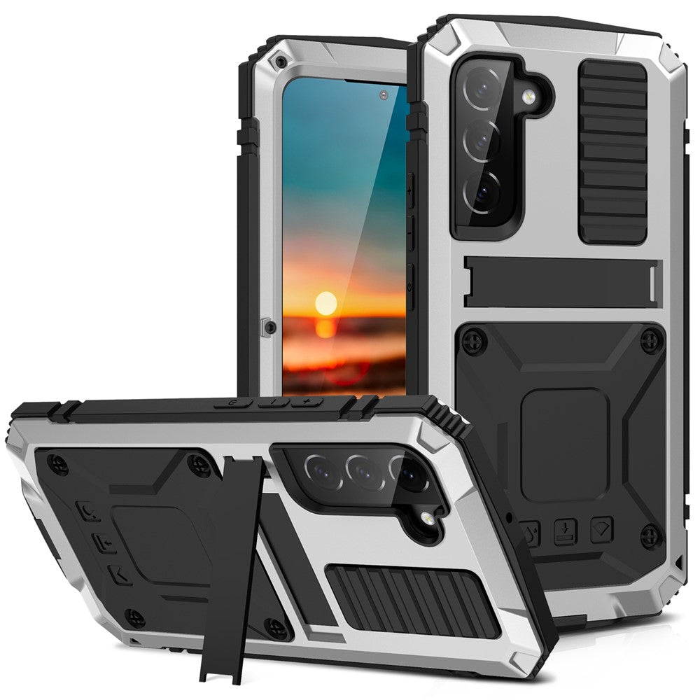 R-JUST for Samsung Galaxy S22+ 5G Waterproof Drop-Proof Case Kickstand Back Cover with Tempered Glass