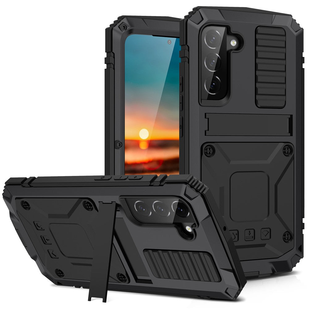 R-JUST for Samsung Galaxy S22 5G Waterproof Drop-Proof Case Kickstand Back Cover with Tempered Glass